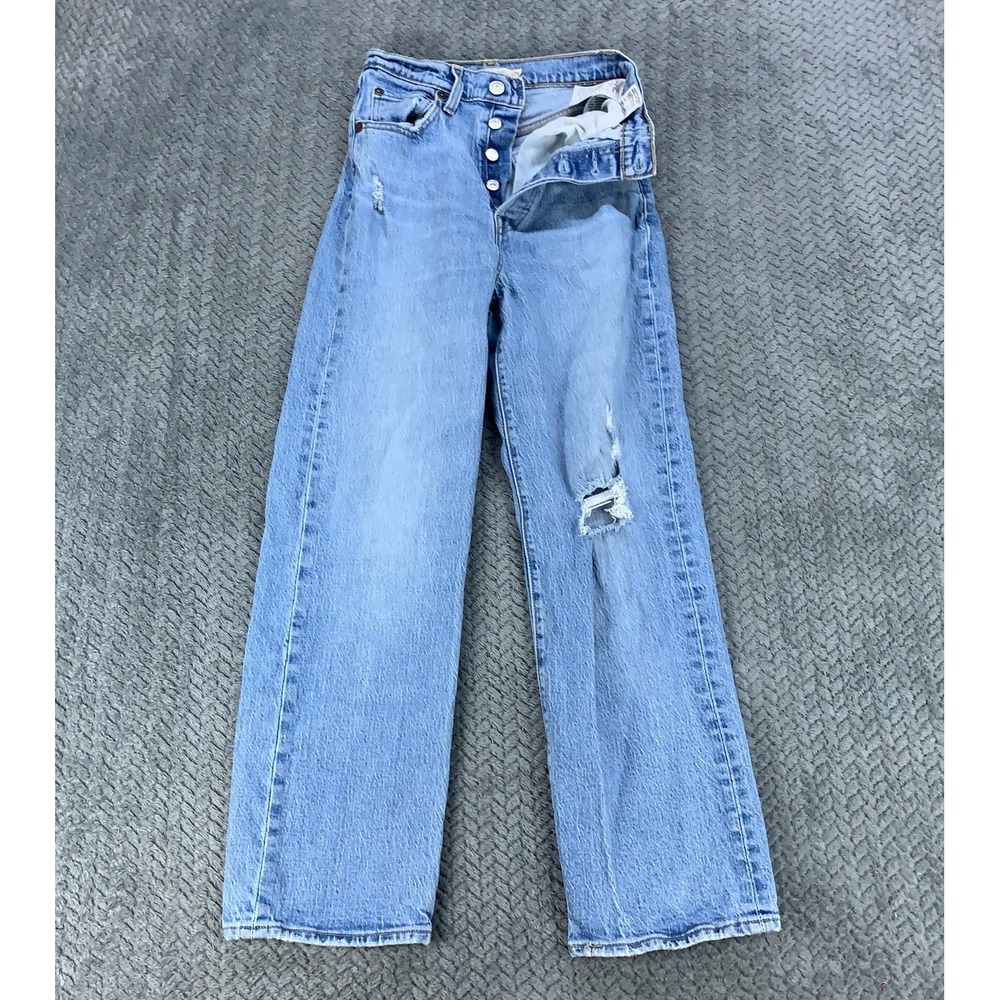 Levis Premium Ribcage Straight Jeans Womens 25 High Rise Button Fly Distressed